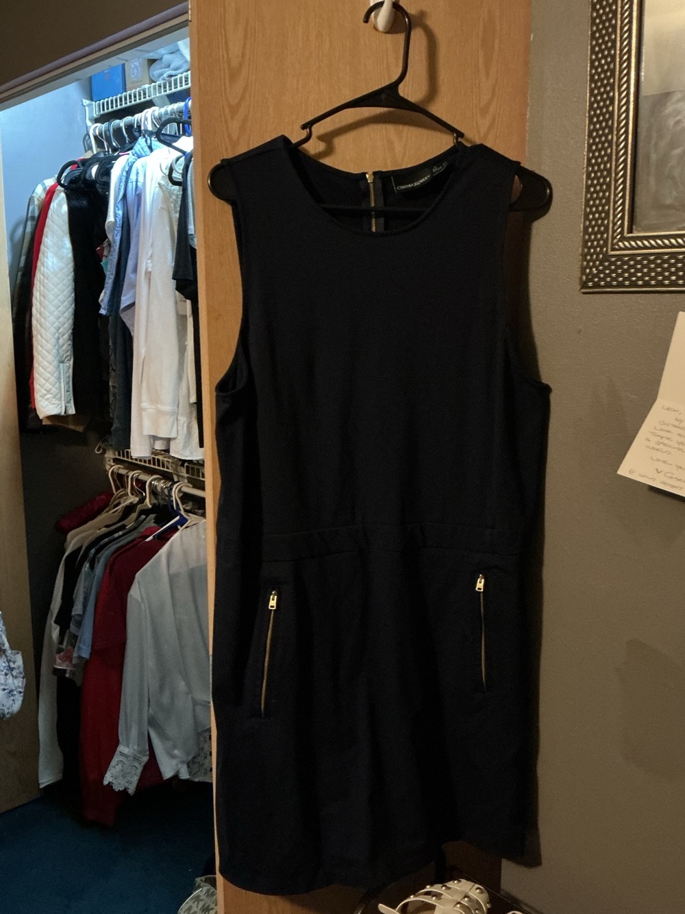 SOLD Cynthia Rowley Navy Sleeveless Shift Dress with Gold Zipper Accents - Picture 4 of 6